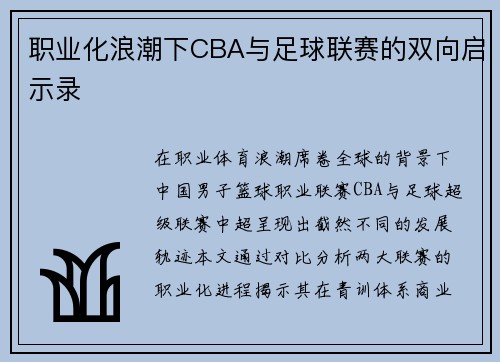 职业化浪潮下CBA与足球联赛的双向启示录