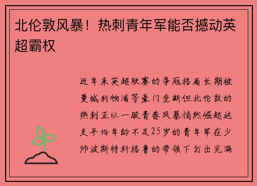 北伦敦风暴！热刺青年军能否撼动英超霸权